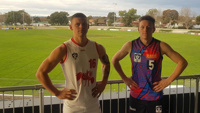 Northern's Tynan Smith and Coburg's Ryan Exon prepare for the Battle of Bell St. Picture: Ben Higgins