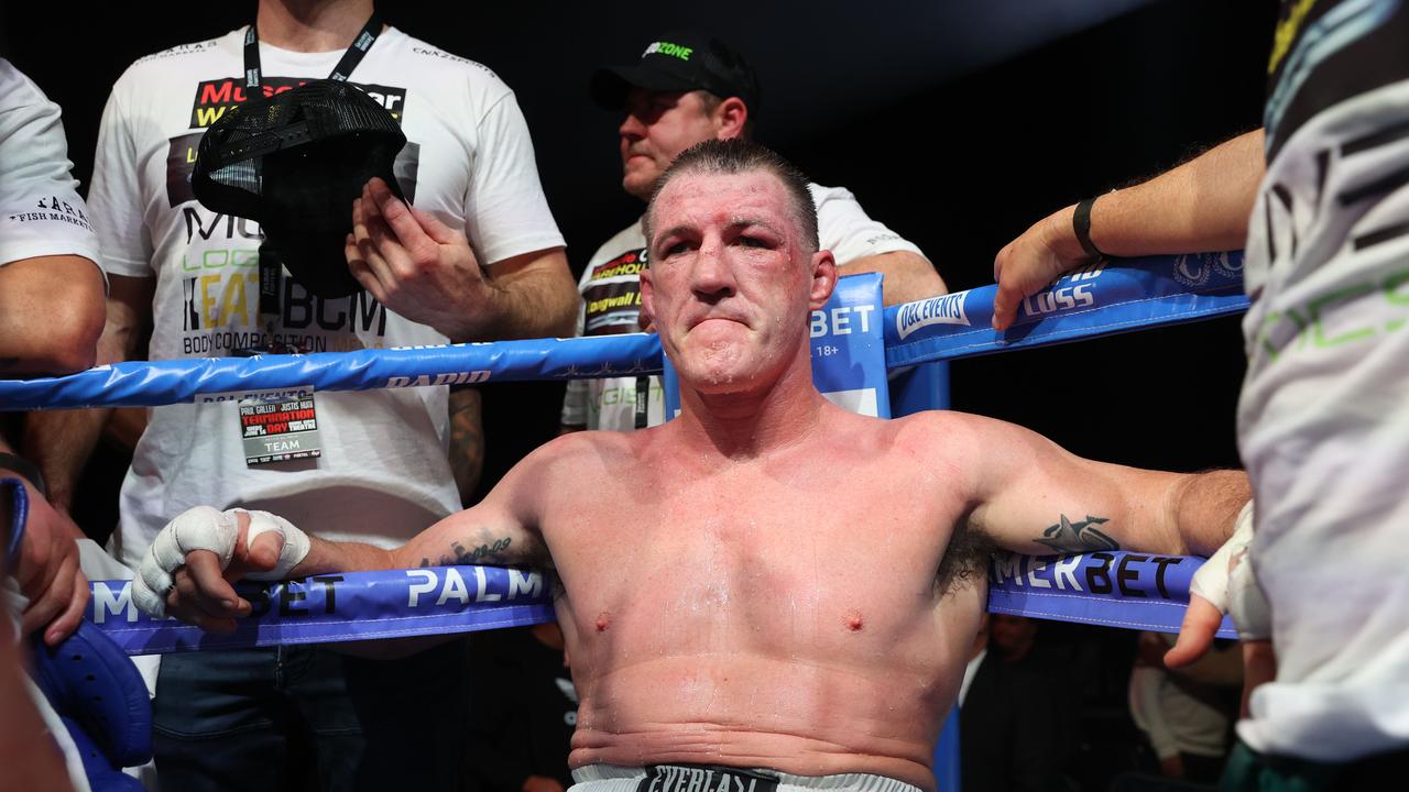 Pictured is boxer Paul Gallen after being beaten by his opponent Justis Huni in their bout for the Australian Heavyweight Title held at the ICC in Sydney. Picture: Richard Dobson