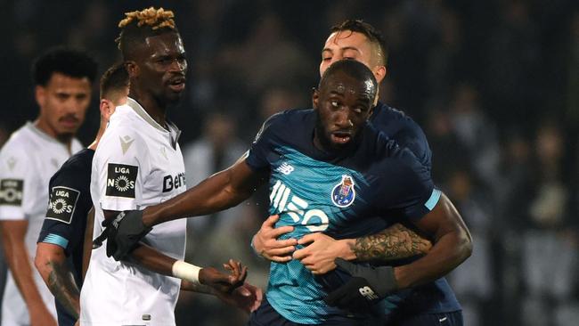 FC Porto's Malian forward Moussa Marega attempts to leave the pitch after hearing racist chants. Picture: AFP