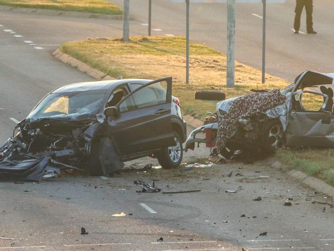 Police investigate the scene of a horror crash on Trower Rd at Lakeside Drv overnight.Picture Glenn Campbell