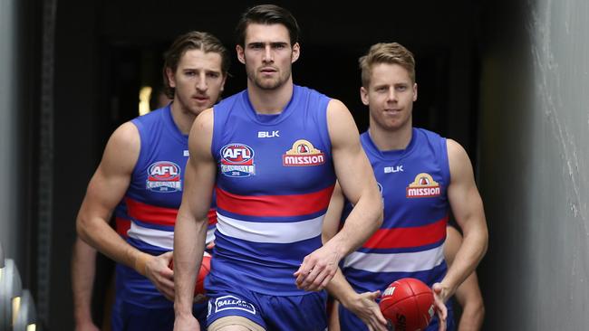 Easton Wood leads the Bulldogs out in the 2016 AFL Grand Final. Picture: Michael Klein