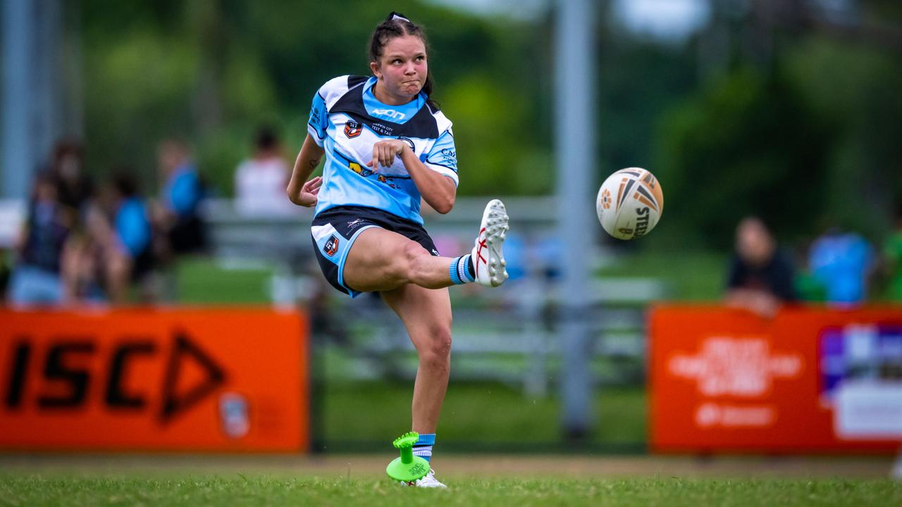 Northern Sharks' captain Ayesha Kay kicks a conversion. Picture: Patch Clapp / NRL NT