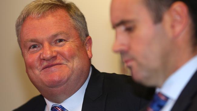 Western Bulldogs President Peter Gordon and CEO Simon Garlick face the media after the resignation of coach Brendan McCartney this morning. Pic: Michael Klein