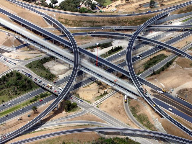 Aerial view of new Westlink M7 orbital motorway at junction with M4 at Eastern Creek in Sydney.