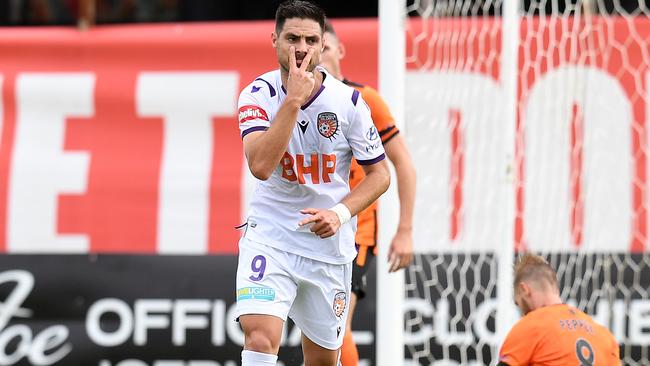 Perth Glory’s Bruno Fornaroli celebrates a goal against Brisbane Roar.