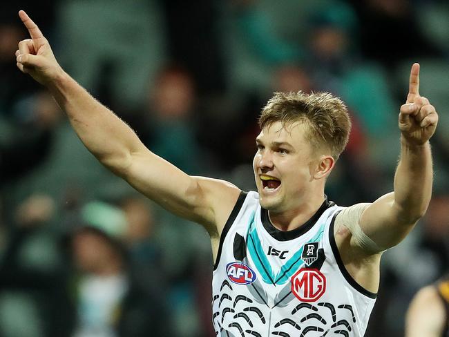 AFL - Saturday, 22nd August, 2020 - Port Adelaide v Hawthorn - Indigenous Round at the Adelaide Oval. Ollie Wines celebrates Zak Butters goal Picture: Sarah Reed