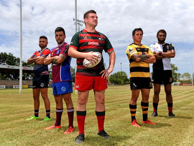 Kendall Quakawoot Ð Palmerston, Hayden Austine Ð Swampdogs, Brett Joyes Ð South Darwin,  Nigel Maher Ð Darwin Dragons and Wise Sekitoga Ð University Pirates at the launch of the 2020 Darwin Rugby Union Season.Picture: Che Chorley