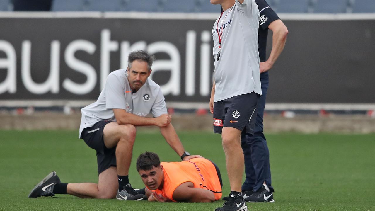 Jarrod Pickett goes down at Carlton’s last training session. Photo: Scott Barbour/Getty Images