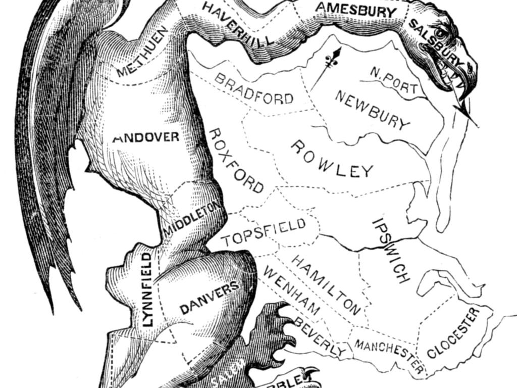 The original cartoon of the 'Gerry-Mander' that led to the coining of the term Gerrymander. The district depicted in the cartoon was created by the Massachusetts Legislature to favour the incumbent Democratic Republican party candidates of Governor Elbridge Gerry over the Federalists in 1812.