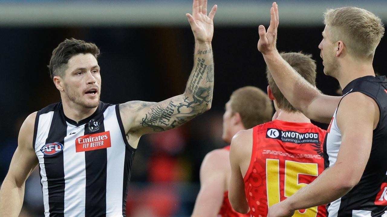 Jack Crisp will overtake Adam Goodes to reach outright third for most consecutive VFL/AFL games played on Friday night. Picture: Russell Freeman / Getty Images