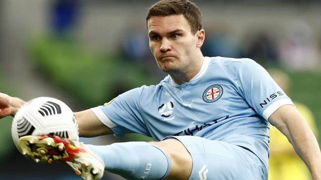 MELBOURNE, AUSTRALIA - MAY 16: Curtis Good of Melbourne City clears the ball during the A-League match between Melbourne City and Wellington Phoenix at AAMI Park, on May 16, 2021, in Melbourne, Australia. (Photo by Darrian Traynor/Getty Images)