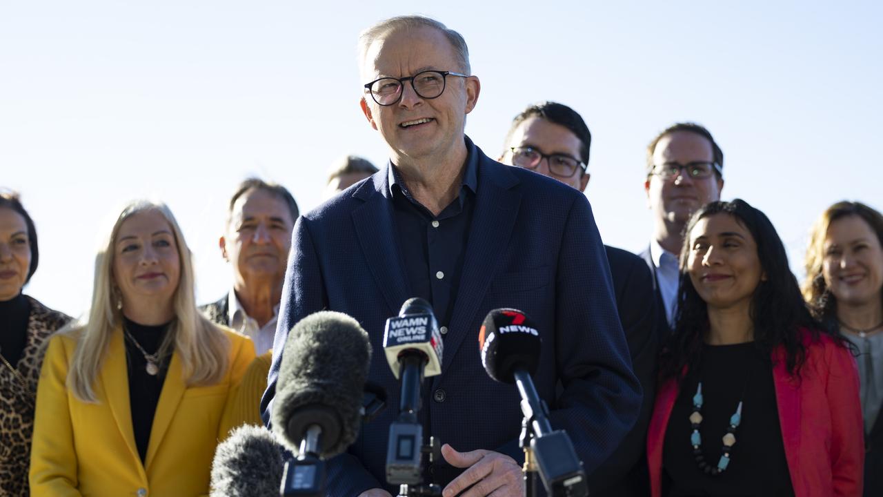 Australian Prime Minister Anthony Albanese speaks to media with members of his Western Australian Labor team in Perth. Picture: by Matt Jelonek/Getty Images