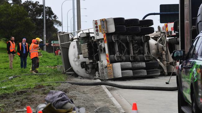 The cement truck must be emptied before it can be moved. Picture: AAP/Mark Brake