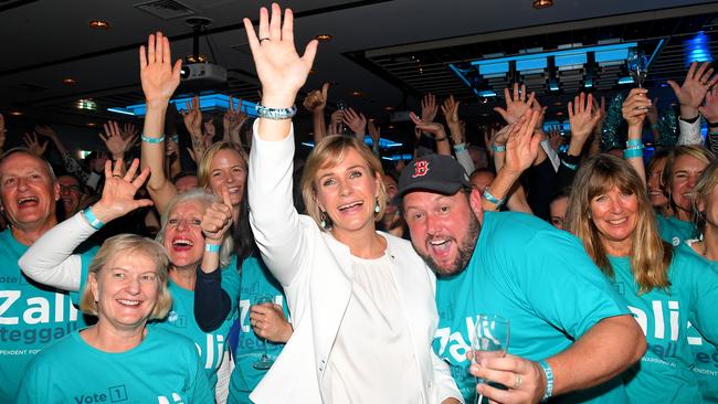 Independent Zali Steggall celebrates winning the seat of Warringah at her reception at Manly Pacific Novotel on May 18, 2019. Picture: Dylan Coker