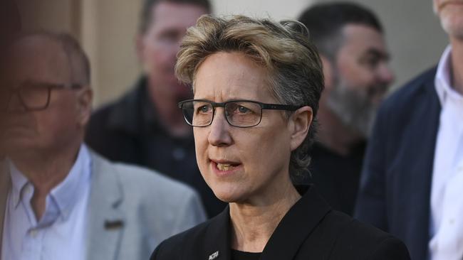 CANBERRA, AUSTRALIA, NewsWire Photos. SEPTEMBER 13, 2023: TWU National Secretary Michael Kaine, ACTU Secretary Sally McManus, Senator Tony Sheldon, Qantas workers hold a press conference at the High Court in Canberra. Picture: NCA NewsWire / Martin Ollman