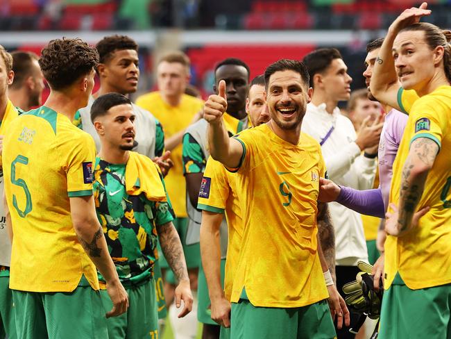 DOHA, QATAR - JANUARY 13: Bruno Fornaroli and team mates of Australia celebrate following their sides victory after the AFC Asian Cup Group B match between Australia and India at Ahmad Bin Ali Stadium on January 13, 2024 in Doha, Qatar. (Photo by Robert Cianflone/Getty Images)