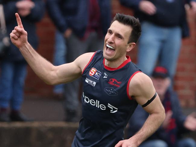 Matt Panos from Norwood reacts after scoring a goal during the Round 16 SANFL match between Norwood and South Adelaide at Norwood Oval in Adelaide, Saturday, August 12, 2023. (SANFL Image/David Mariuz)