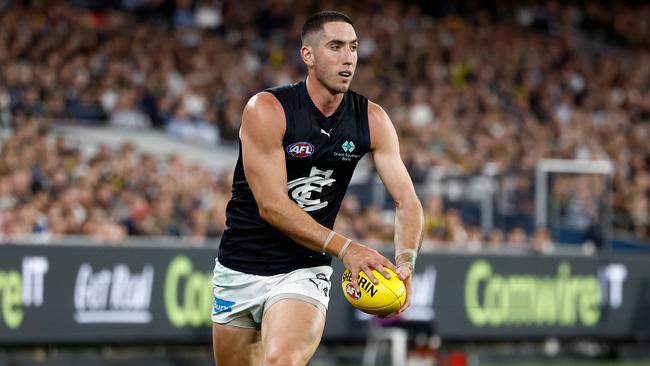 MELBOURNE, AUSTRALIA - MARCH 13: Jacob Weitering of the Blues in action during the 2025 AFL Round 01 match between the Richmond Tigers and the Carlton Blues at the Melbourne Cricket Ground on March 13, 2025 in Melbourne, Australia. (Photo by Michael Willson/AFL Photos via Getty Images)