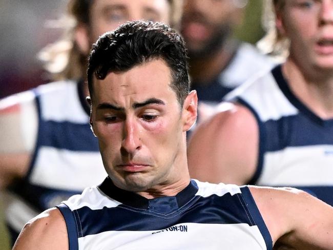 BRISBANE, AUSTRALIA - MARCH 02: Sam Simpson of the Cats gets a kick away during the AFL Practice Match between the Brisbane Lions and the Geelong Cats at Brighton Homes Arena on March 02, 2023 in Ipswich, Australia. (Photo by Bradley Kanaris/Getty Images)