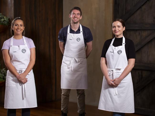 MasterChef finalists Laura Sharrad, Callum Hann and Emelia Jackson. Picture: Supplied by Ten.