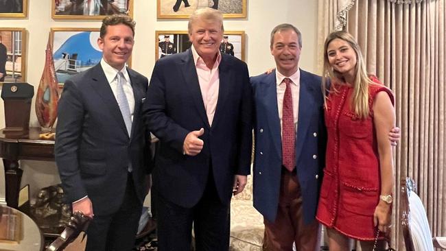 Valance and her husband Nick Candy (left) previously dined with former US president and conservative former British politician Nigel Farage in 2022. Picture: Twitter.