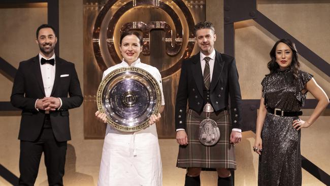 Jock Zonfrillo celebrated his Scottish heritage during the final episode of MasterChef. Seen here with winner Emelia Jackson and co-judges Andy Allen and Melissa Leong.