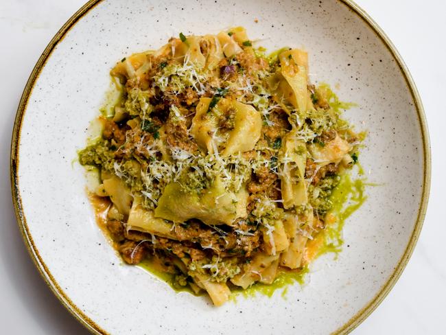 Farfalle pasta, rabbit and Sicilian olives at Chianti, Hutt St, Adelaide. PIcture Jack Fenby