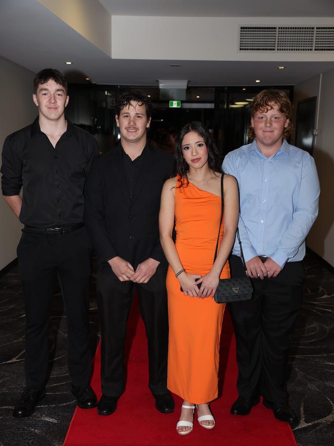 MELBOURNE, AUSTRALIA – JUNE 14 2024 Seth Grixti, Rory Durham, Vanessa Stacy and Jackson Weir attend the Lowanna College Senior Formal 2024 at the Moe Racing Club Picture: Brendan Beckett