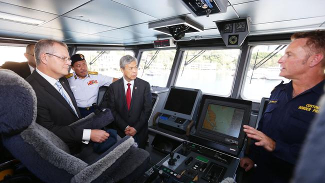 Scott Morrison, the then Minister for Immigration and Border Control, aboard a Border Force vessel in 2014. Picture: Nowytarger Renee