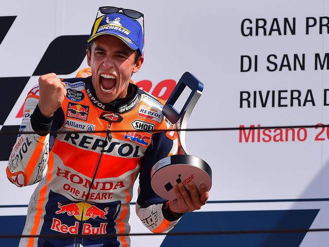 Repsol Honda Team rider Marc Marquez celebrates on the podium. Picture: AFP