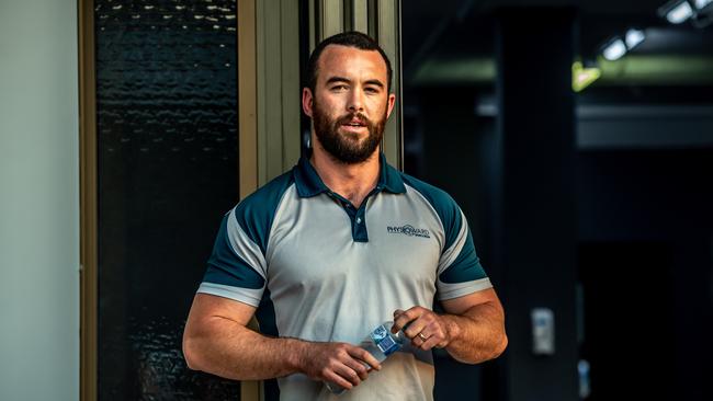 Warringah’s Shute Shield No. 8 Sam Ward talks to the former players at the Concept 43 Gym in Mona Vale. Picture: Monique Harmer.