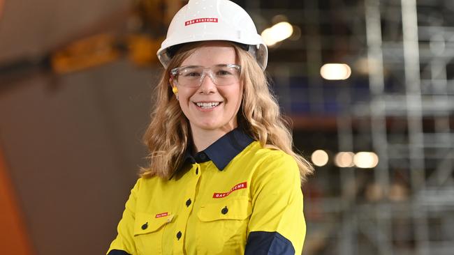 10/4/24. Software Engineering student Alicia Bawden is working at the Osborne Naval shipyard on the Hunter Class Frigate program building 6 of the worlds most advanced anti-submarine warfare frigates. Picture: Keryn Stevens