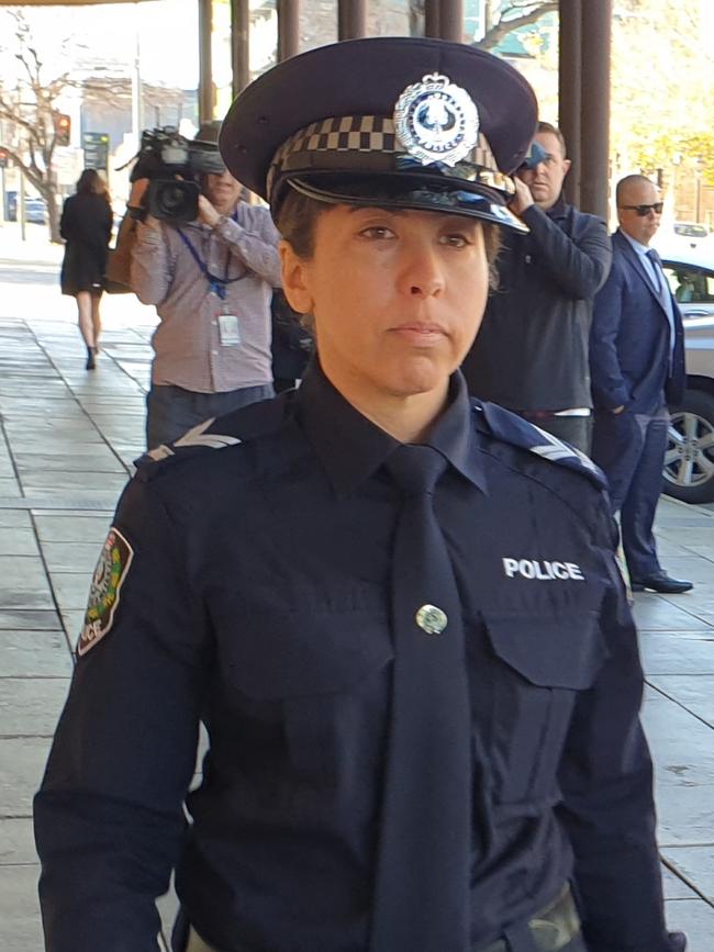 SA Police senior constable Susan Cabot outside the District Court after giving an emotional account of the impact of Christopher George Smolinski’s attack on her and colleague Aleisha Westby. Picture: Renato Castello