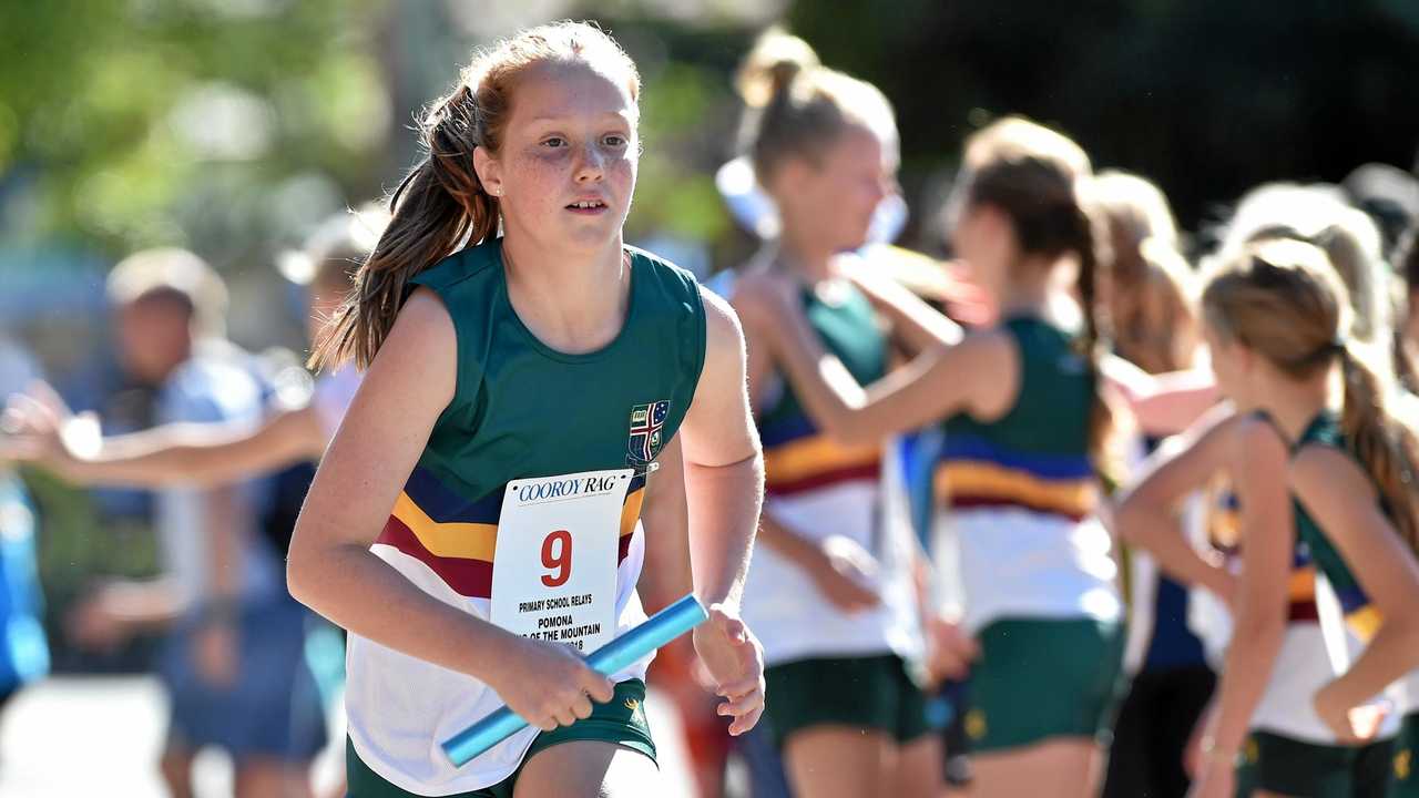 FUN RUNNING: The Pomona King Of The Mountain Festival primary school relay from last year sees Sunshine Grammar School student Megahn Natale on the fly. Picture: Patrick Woods