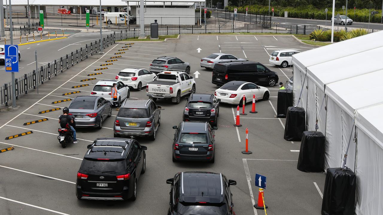 The Sydney International Airport Drive through testing clinic as testing demand surges. Picture: NCA Newswire / Gaye Gerard