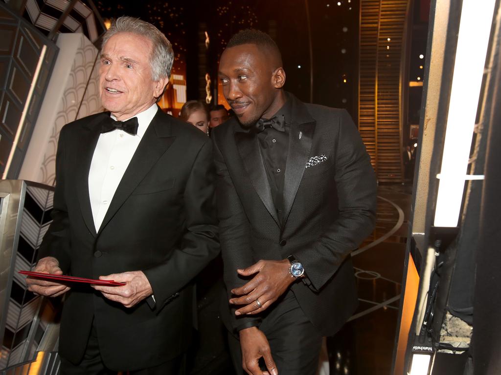 Warren Beatty and Mahershala Ali arrive backstage during the 89th Annual Academy Awards. Picture: AFP