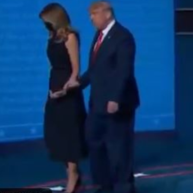 Some say she ‘yanks’ her hand out of his, while others believe it looked like Mr Trump ‘threw her hand away’. Picture: Twitter