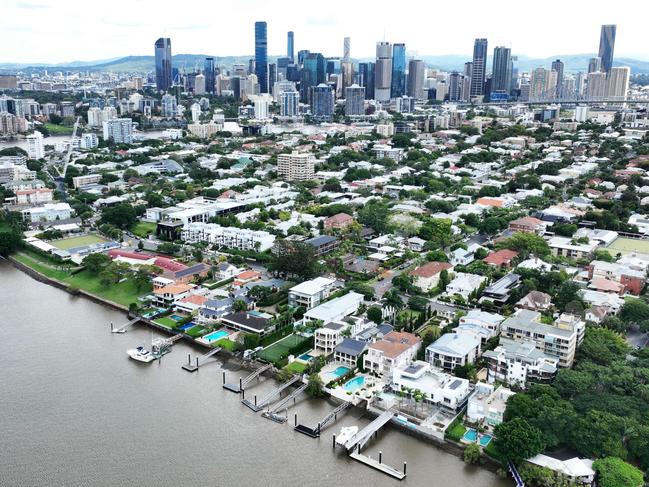 Aerial view large riverfront houses in the inner city Brisbane suburb of New Farm. The suburb has some of the Queensland capital city's most expensive real estate. Picture: Brendan Radke