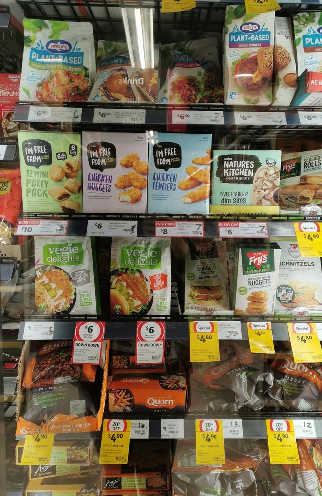 Shoppers are calling on Coles to reconsider how it stacks its shelves after a vegan complained she’d accidentally eaten meat stacked between the plant-based products. Picture: Twitter