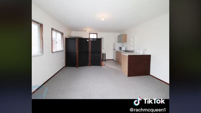 A thin partition divides the bathroom from the living area in this NSW rental, which also connects the bathroom and the kitchen. Picture: Tiktok.