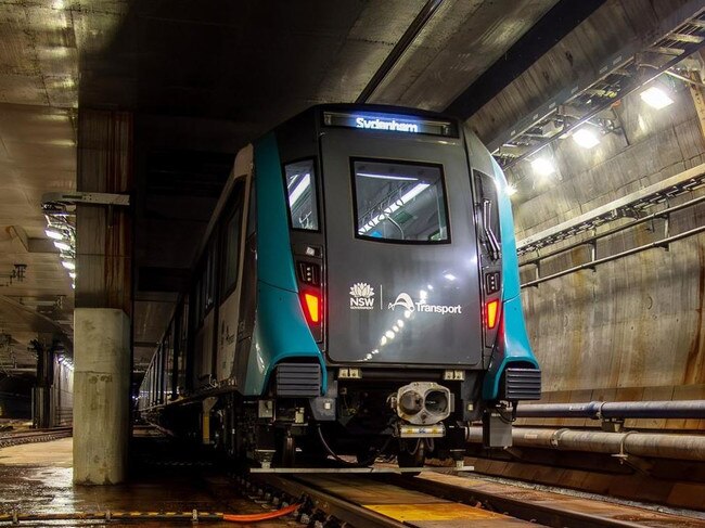 Sydney Metro City and Southwest train TS5 travels through the crossover cavern just north of Barangaroo station during testing.