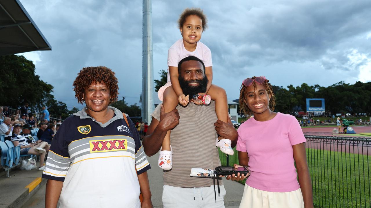 Kila Mani, Matt Tinai, Hannah Tinai, 5, and Nemika Tinai, 12, at the NRL preseason match between the North Queensland Cowboys and the Dolphins, held at Barlow Park. Picture: Brendan Radke