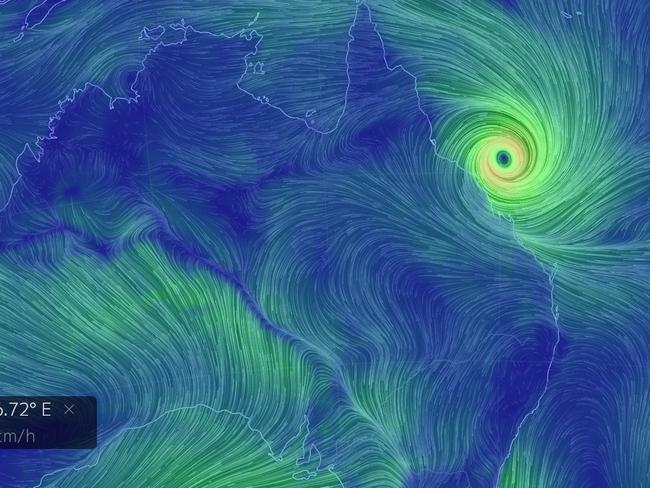 Directional wind maps show Cyclone Debbie off the coast of North Queensland on Monday morning. Source: earthnull.net