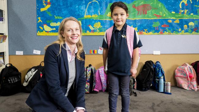 Orford Primary School student Raven Lumley 6 meets Minister Sarah Courtney. Picture: Richard Jupe