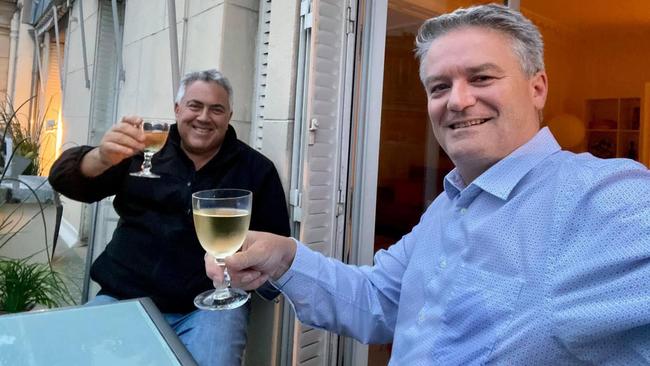 Former treasurer Joe Hockey, left, and former finance minister Mathias Cormann catch up in Paris over the weekend