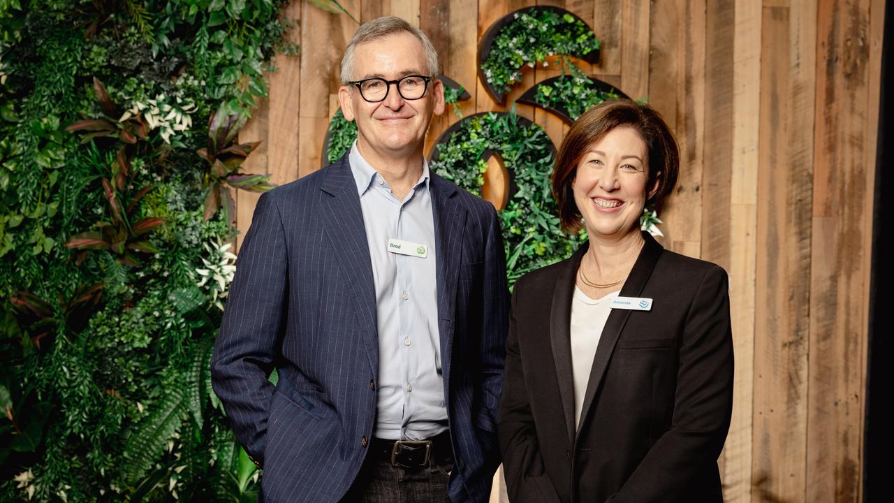 Woolworths Group CEO Brad Banducci with incoming chief executive Amanda Bardwell.