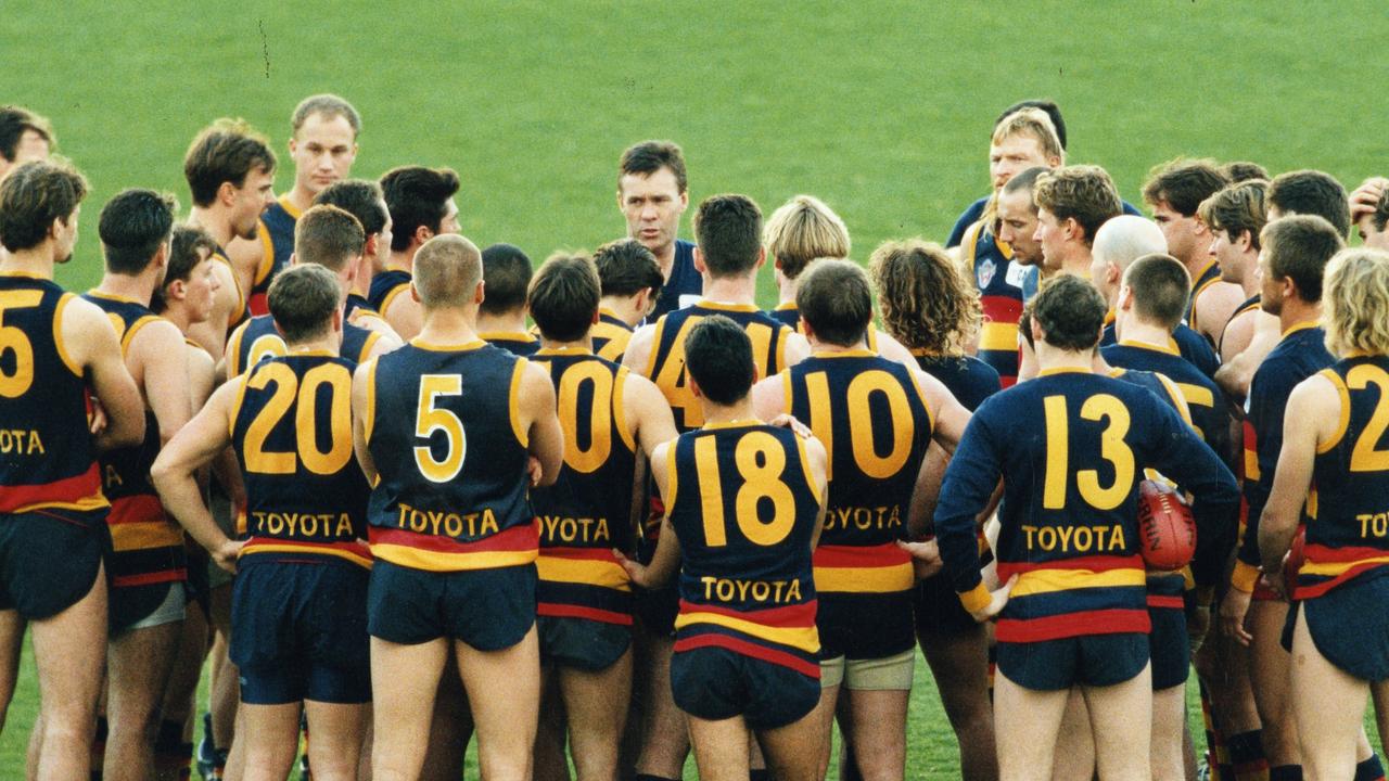 Coach Robert Shaw talking to footballers during Adelaide Crows training on June 28, 1996. Picture: Ray Titus