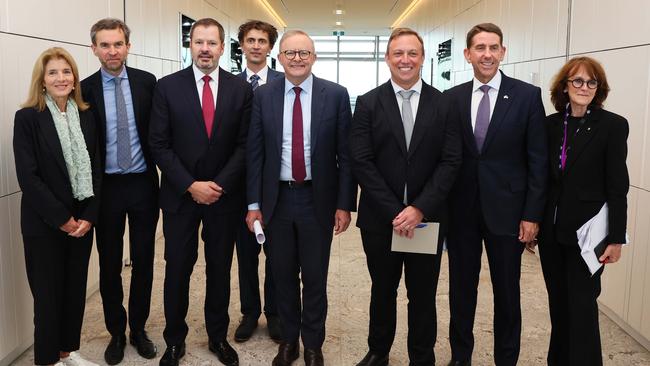 Anthony Albanese with US ambassador Caroline Kennedy, Science Minister Ed Husic, Queensland Premier Steven Miles and Deputy Premier Cameron Dick at the April announcement. Picture: NewsWire/Tertius Pickard