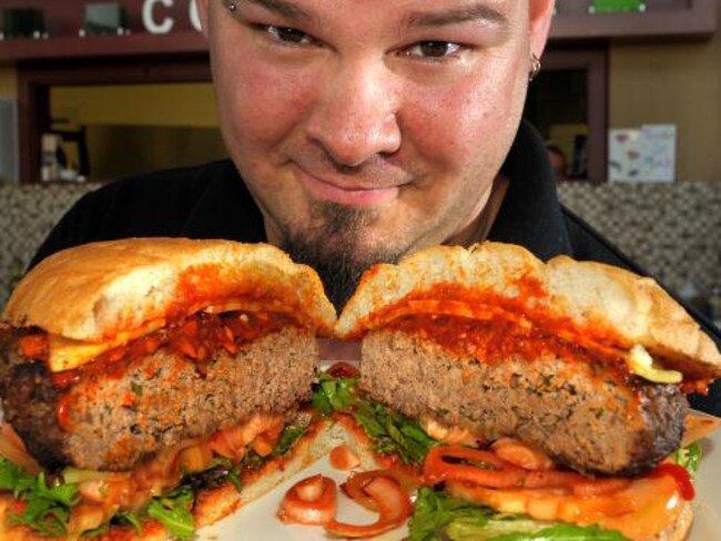 The scorpion burger at Cody’s Cafe in Manor Lakes is a firey challenge.