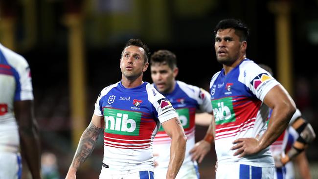 The understrength Knights put in a brave effort against the Roosters but struggled to contain them. Picture: Phil Hillyard.